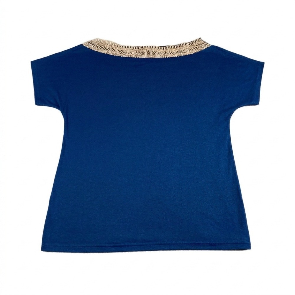 CTU Blue Crochet Trim Short Sleeve Top Womens Small Rayon Blend Casual New